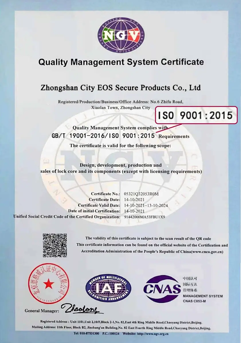 Quality Management System Certificate from NGV