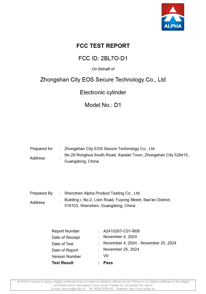 FCC test report for electronic cylinder