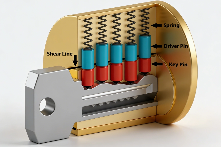Internal structure of a lock cylinder showing pin tumbler mechanism