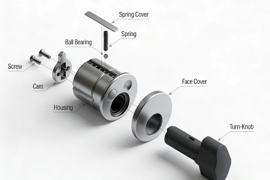 Diagram showing the structure of a mortise cylinder and its position in a door lock