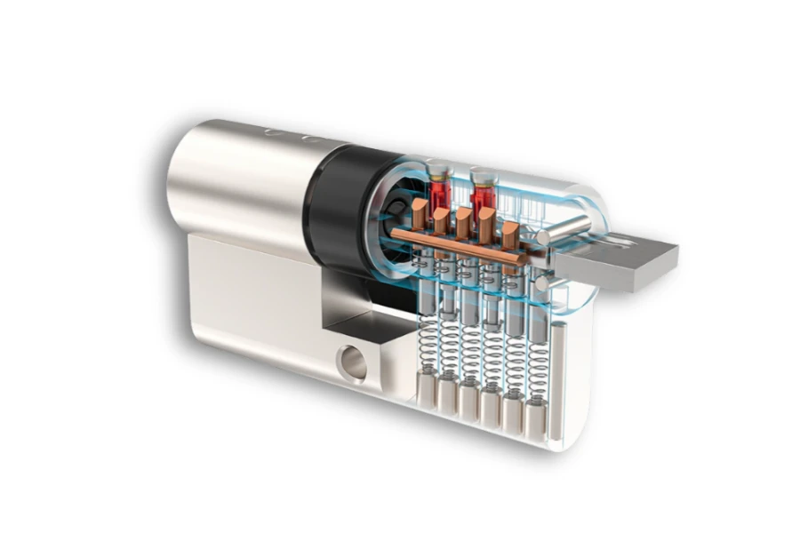 Internal structure of a door lock cylinder showing the core security components