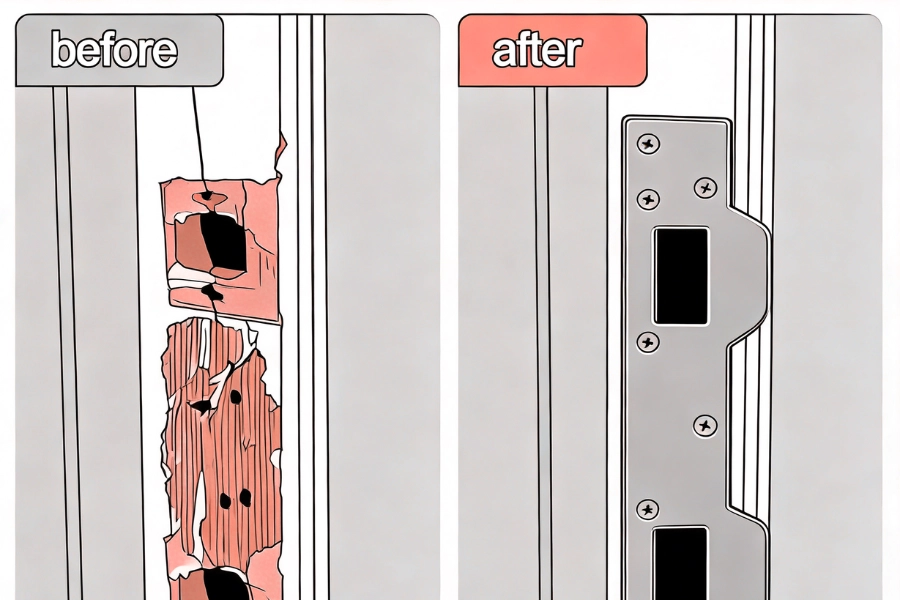Reinforced strike plate and lock bolt extending deep into the door frame