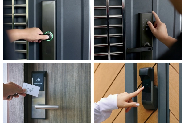 Illustration of different types of keyless entry systems including keypad locks, smart locks, biometric locks, RFID systems, and electronic deadbolts.