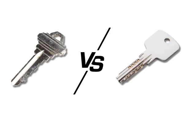 Comparison of a traditional key and a Dimple key, highlighting the differences in design
