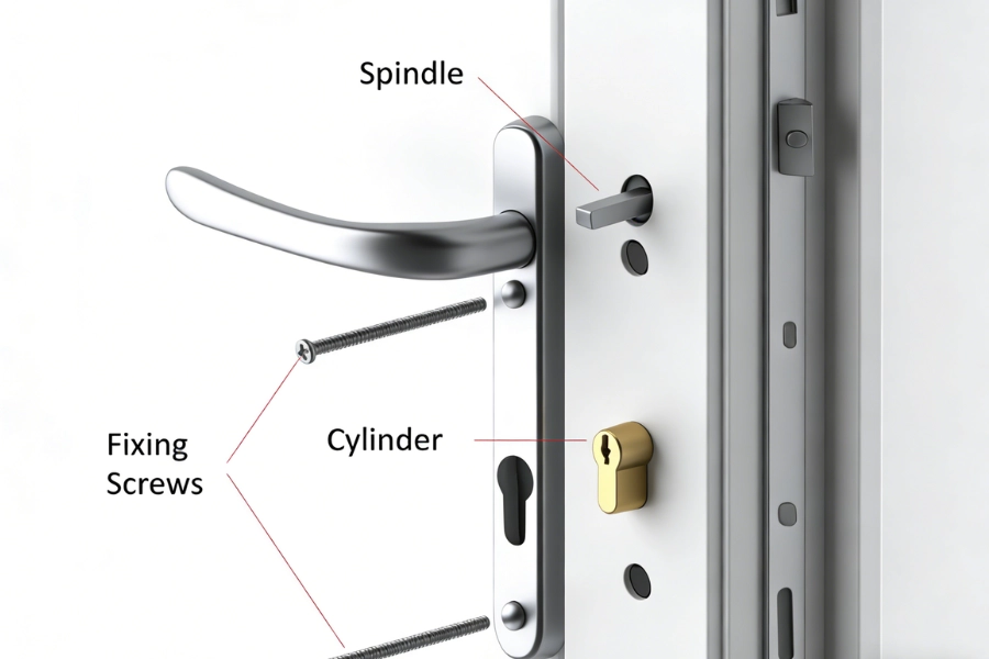 Door lock diagram showing center distance between handle spindle and lock cylinder