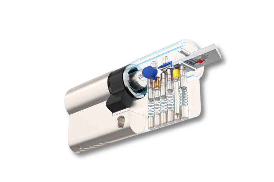 key profile cross section in commercial lock cylinder showing controlled keyway design
