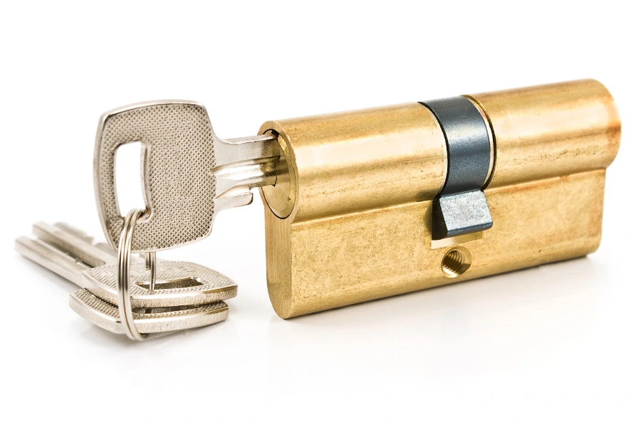 exposed brass mortise lock cylinder protruding from door surface