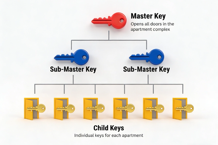 master key system hierarchy showing grand master key and individual room keys
