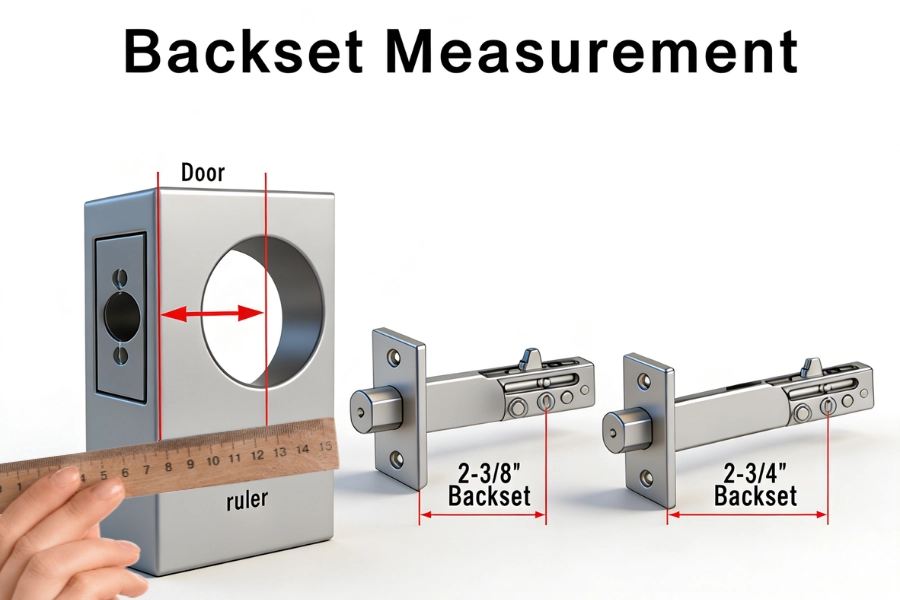 Door lock measurements diagram showing center distance and backset relationship