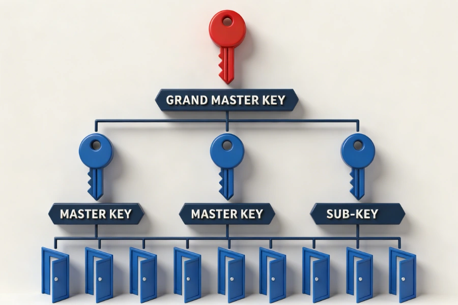 Commercial master key hierarchy system with tiered access levels