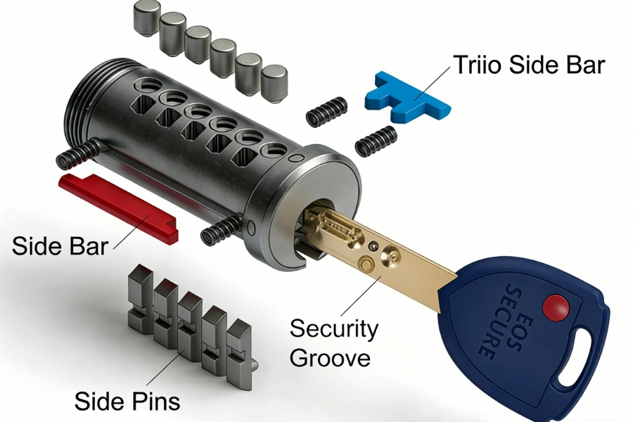 Side pins and sidebar inside a high-security lock cylinder