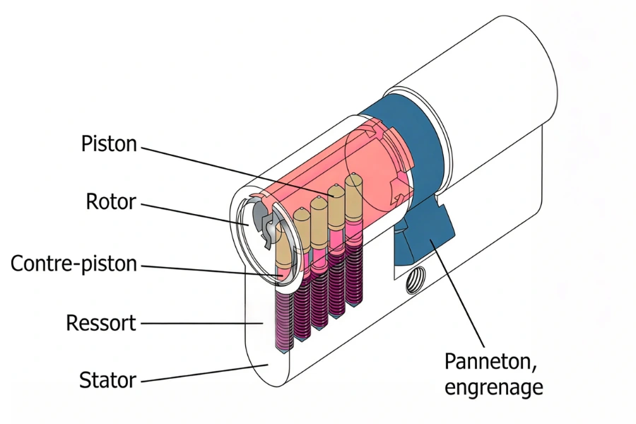 key retaining lock mechanism diagram showing key trapped when unlocked