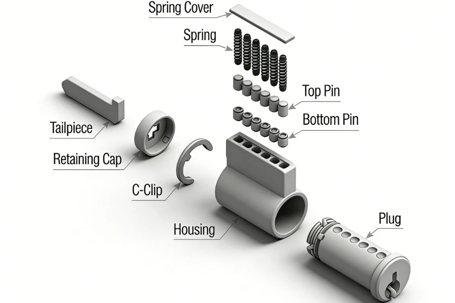 Diagram showing keyway pins springs and housing inside a door lock cylinder