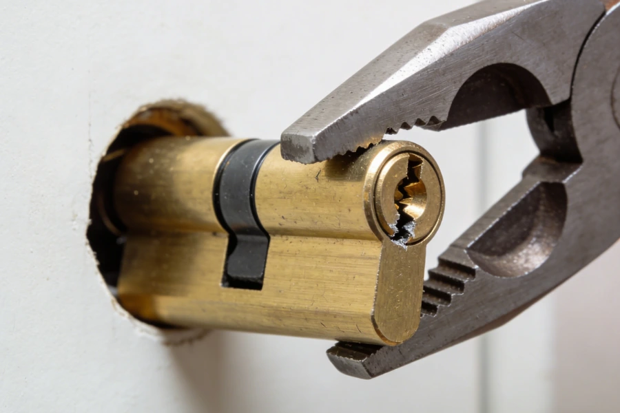 euro cylinder snapping attack without escutcheon showing exposed lock vulnerability