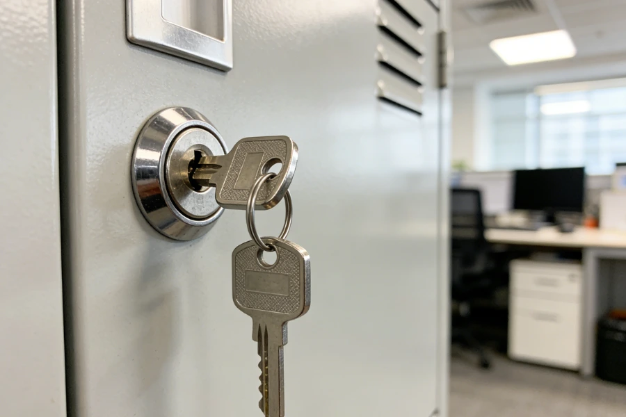 cabinet lock cylinder installed on office storage cabinet