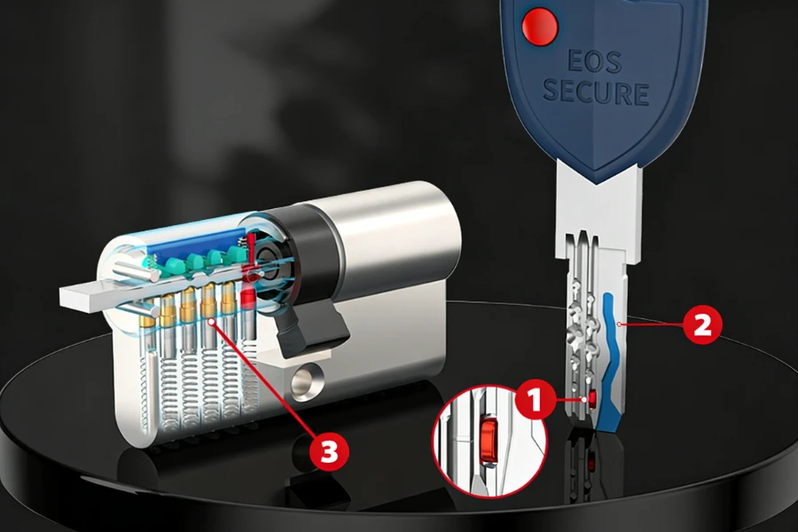 Key bitting grooves on a metal key blade used in a lock cylinder