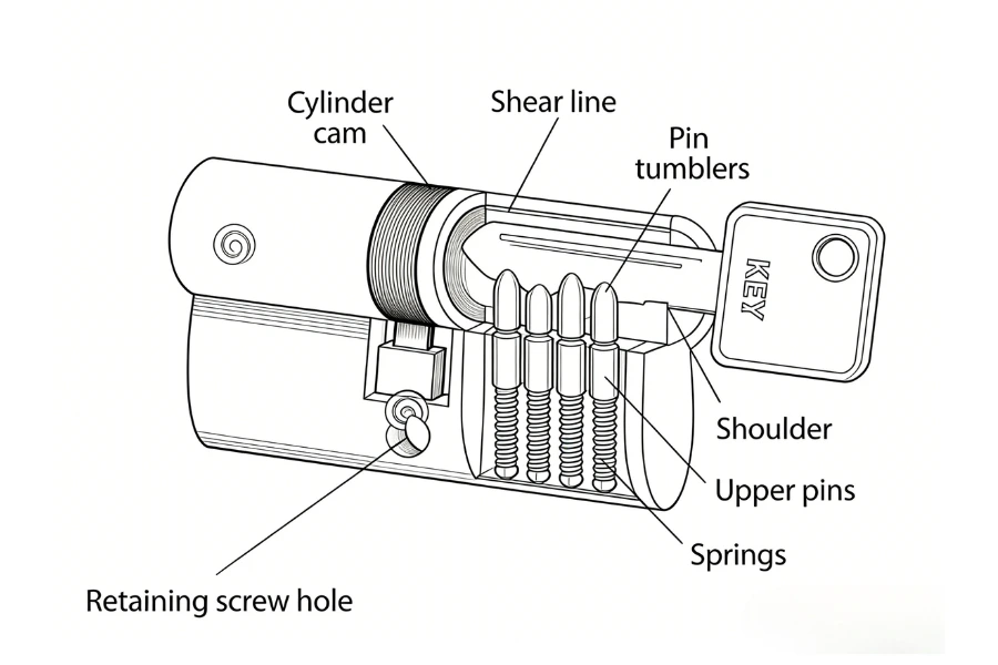 internal mechanism of a cabinet lock cylinder showing pin alignment