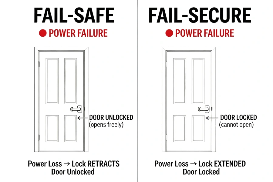 fail safe vs fail secure diagram showing door behavior during power failure