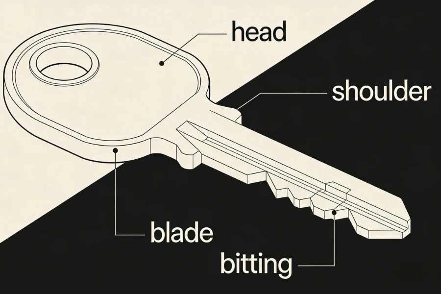 Key anatomy diagram showing head shoulder blade and key bitting cuts