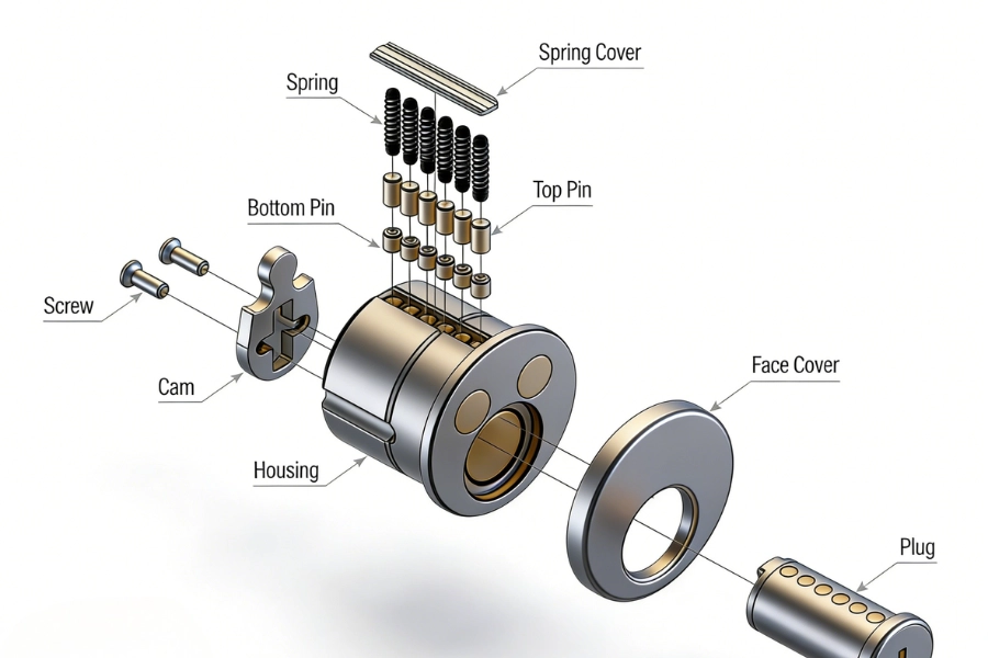 cylinder plug components including keyway pins springs housing and cam structure