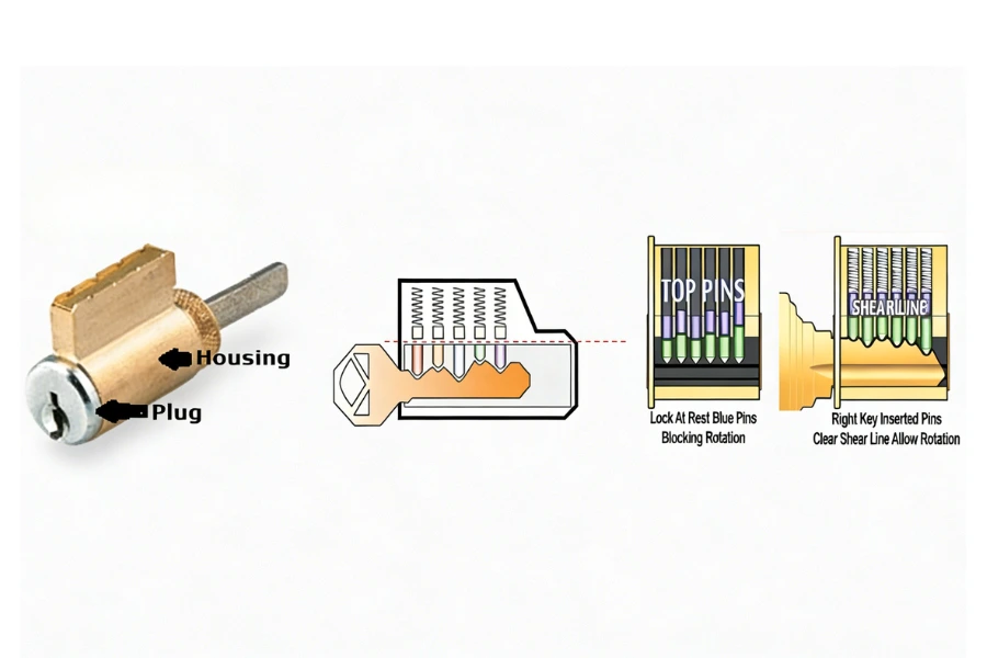 how a housing body works in a lock cylinder with shear line and pins