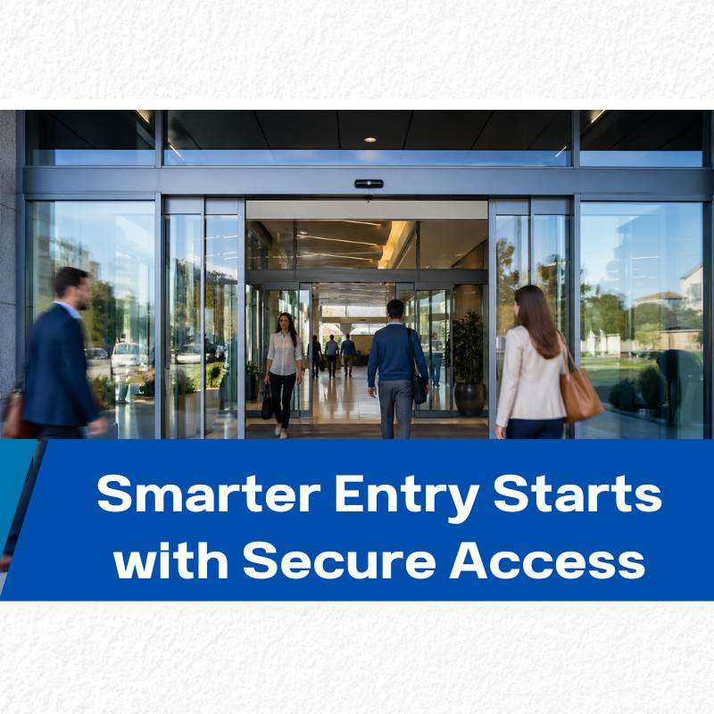 automatic sliding doors at modern commercial building entrance with people entering smoothly