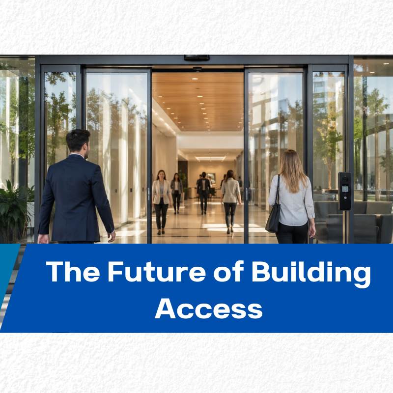 modern building entrance with smart access control system and automatic doors in commercial environment