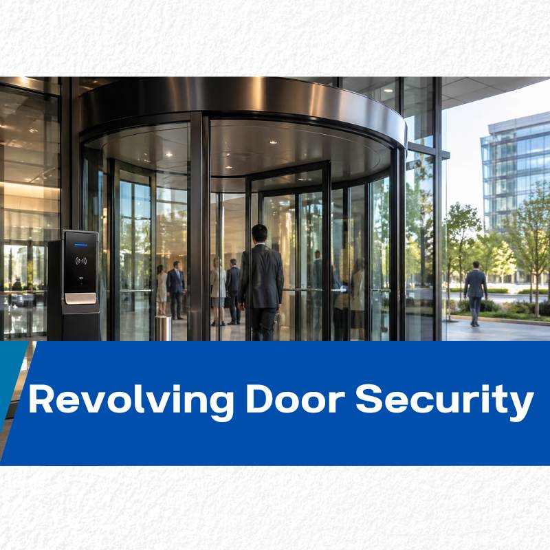 commercial building entrance with revolving door and access control system