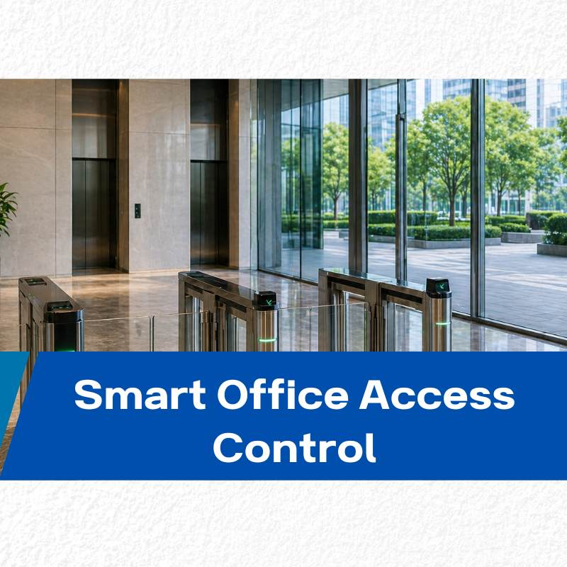 office building entrance with access control system, speed gates and secure entry management