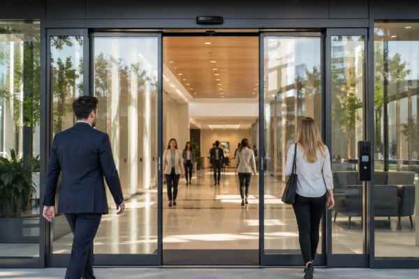 modern building entrance with smart access control system and automatic doors in commercial environment