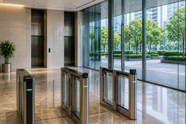 office building entrance with access control system, speed gates and secure entry management