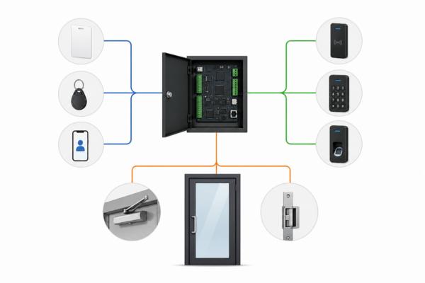 diagram of office access control system including credentials, controller, entry devices and locking mechanism
