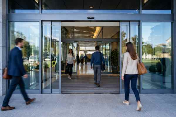 automatic sliding doors at modern commercial building entrance with people entering smoothly