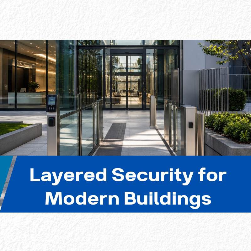 Layered building security system at commercial building entrance showing different access levels for public and staff areas