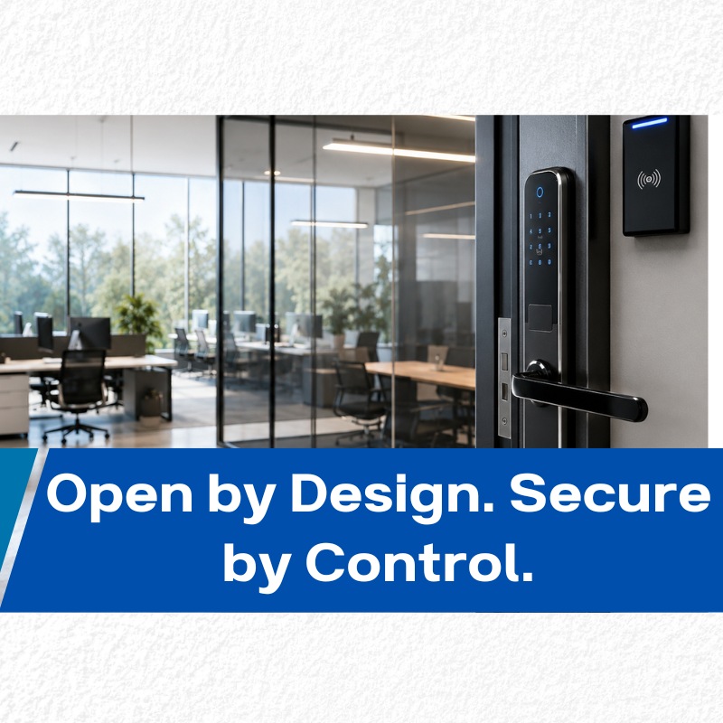 modern open office with secure access control system and glass meeting rooms