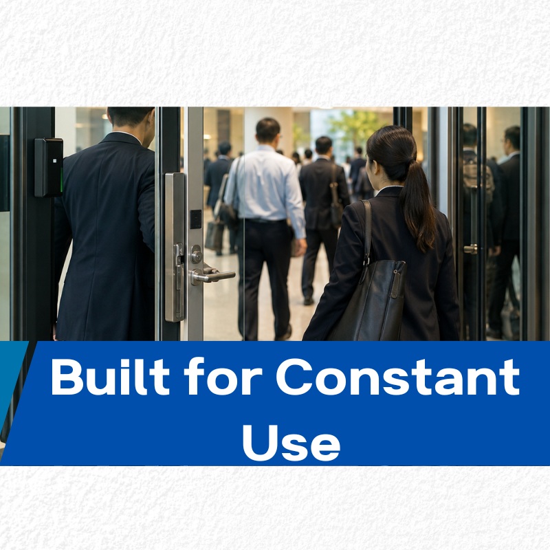 high-traffic commercial building entrance with access control system and commercial door hardware