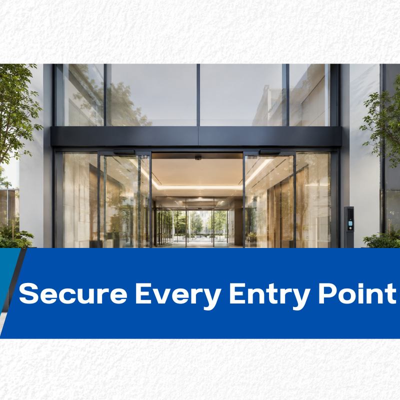 commercial building entrance with modern access control system and automatic sliding doors