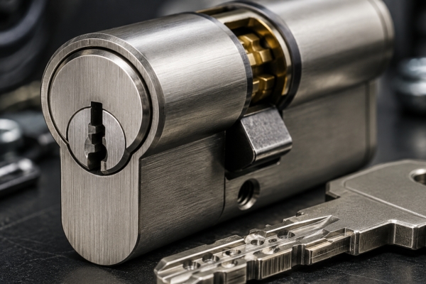 high-security commercial lock cylinder with restricted keyway and precision-engineered key system
