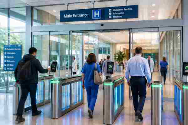 public building access control system for high traffic entrances