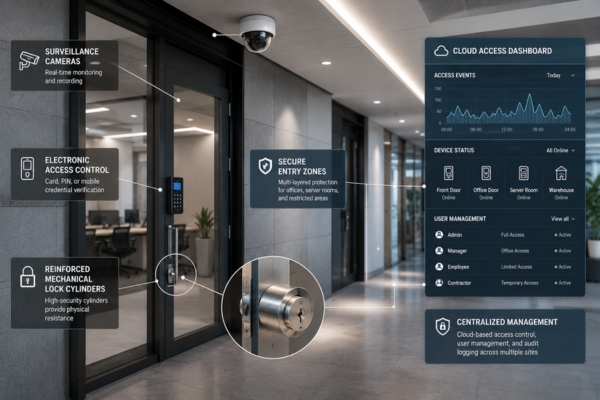 layered commercial security architecture with electronic access control and mechanical lock systems