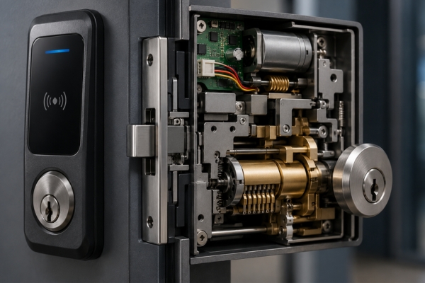 electromechanical commercial lock system showing layered physical and electronic security components