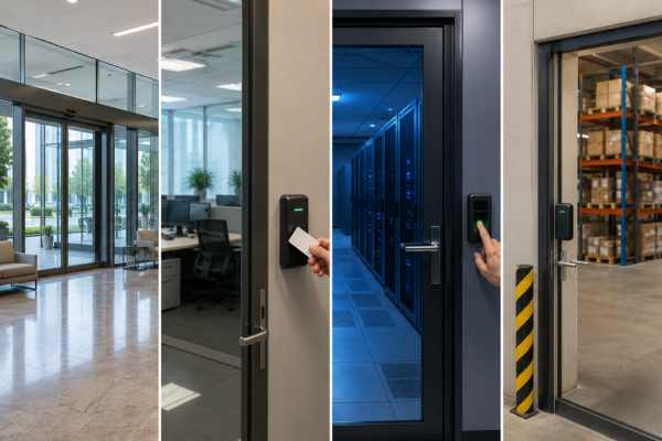 Different building zones with varying access control levels including lobby, office areas, and restricted rooms in commercial security system