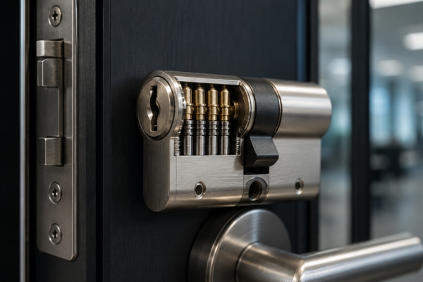 High security lock cylinder installed on commercial office door demonstrating physical protection for building access control systems