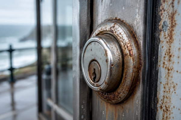 corroded commercial lock cylinder affected by salt air in a coastal environment