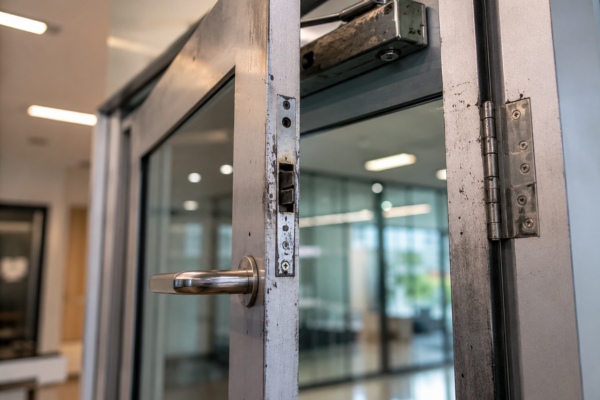 worn commercial door hardware affected by repeated daily use in busy office building