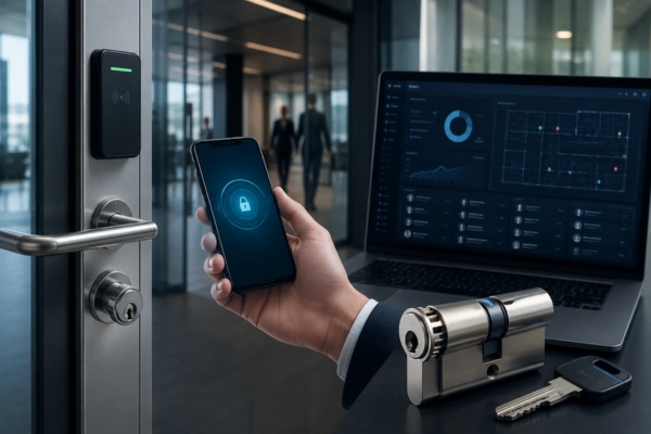 hybrid commercial security system with high-security lock cylinders and access management platform